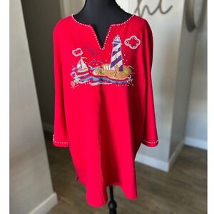 Quacker Factory Red Nautical Lighthouse Sailboat Beaded Embellished Tunic Top 1X